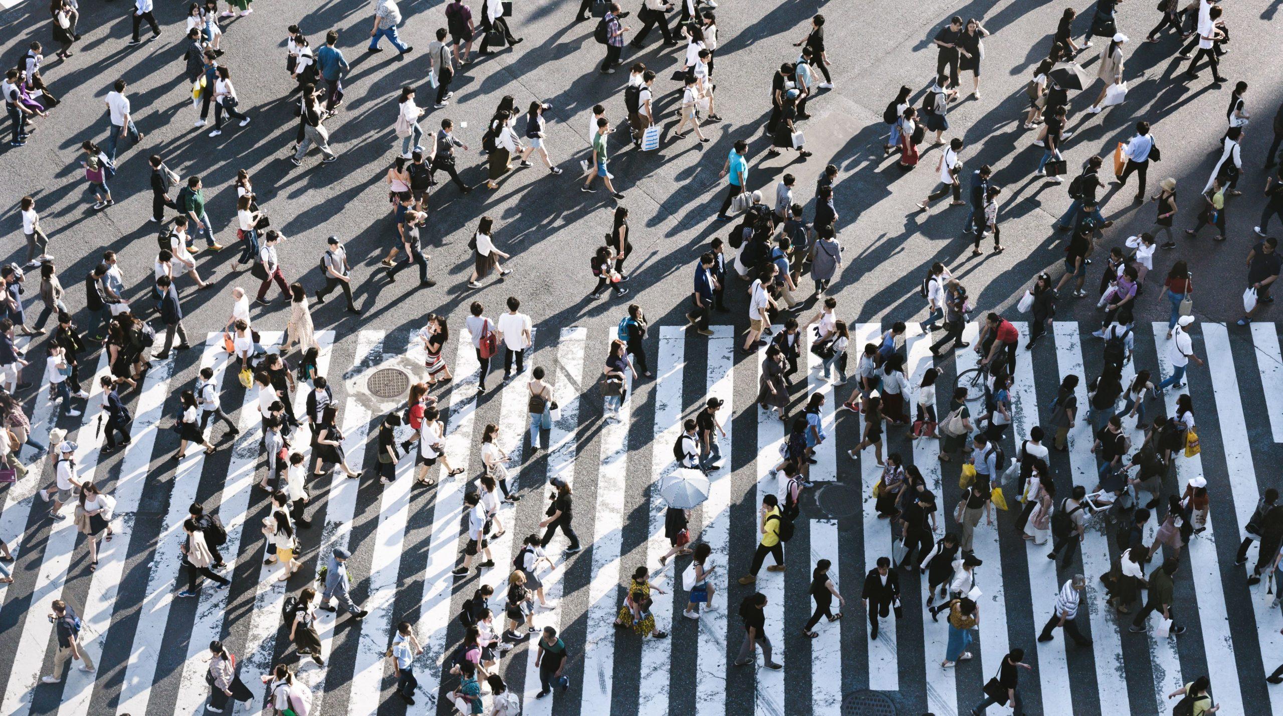 Aerial of a busy pedestrian crossing.