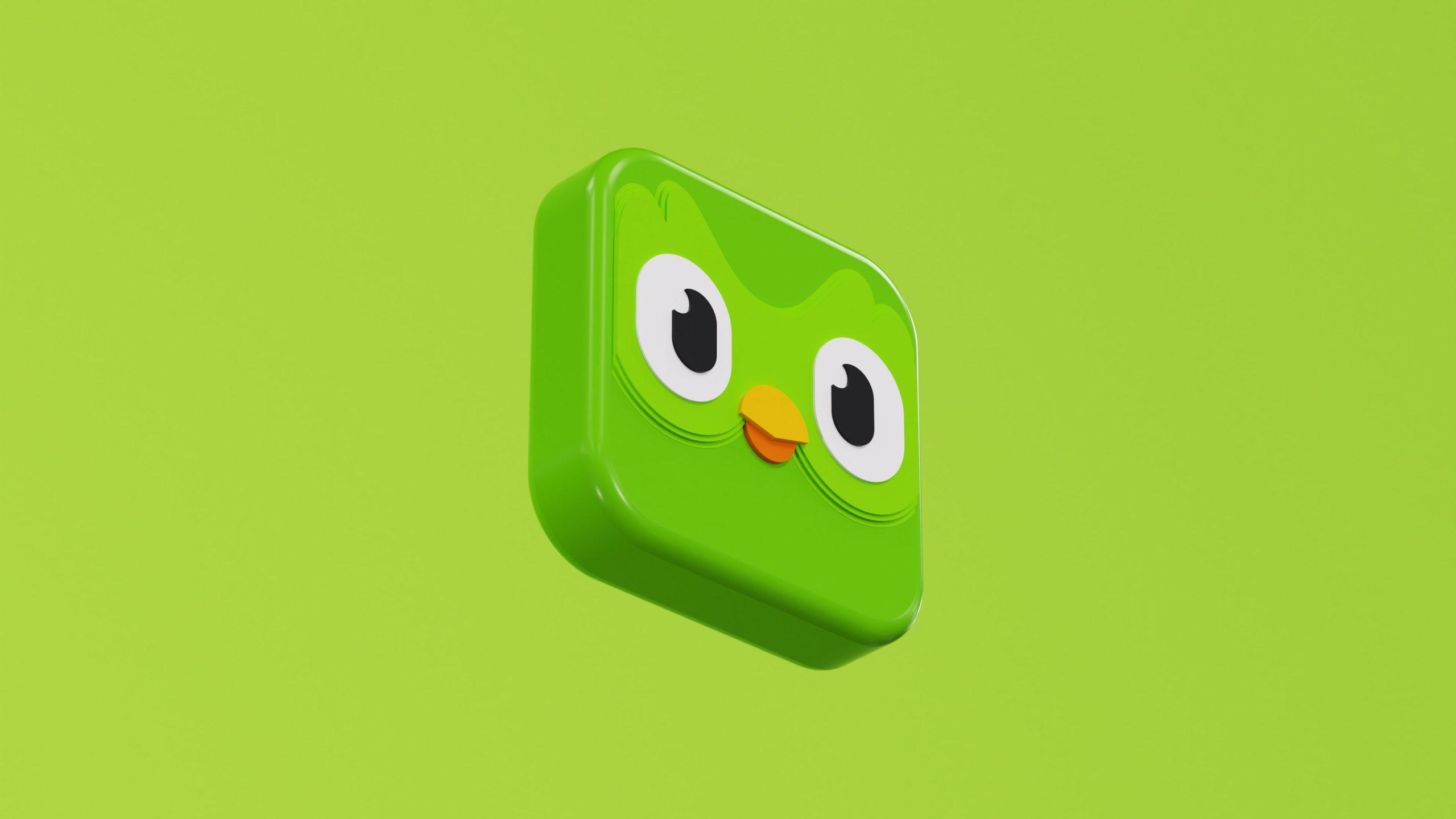Duolingo logo against a lime green background.