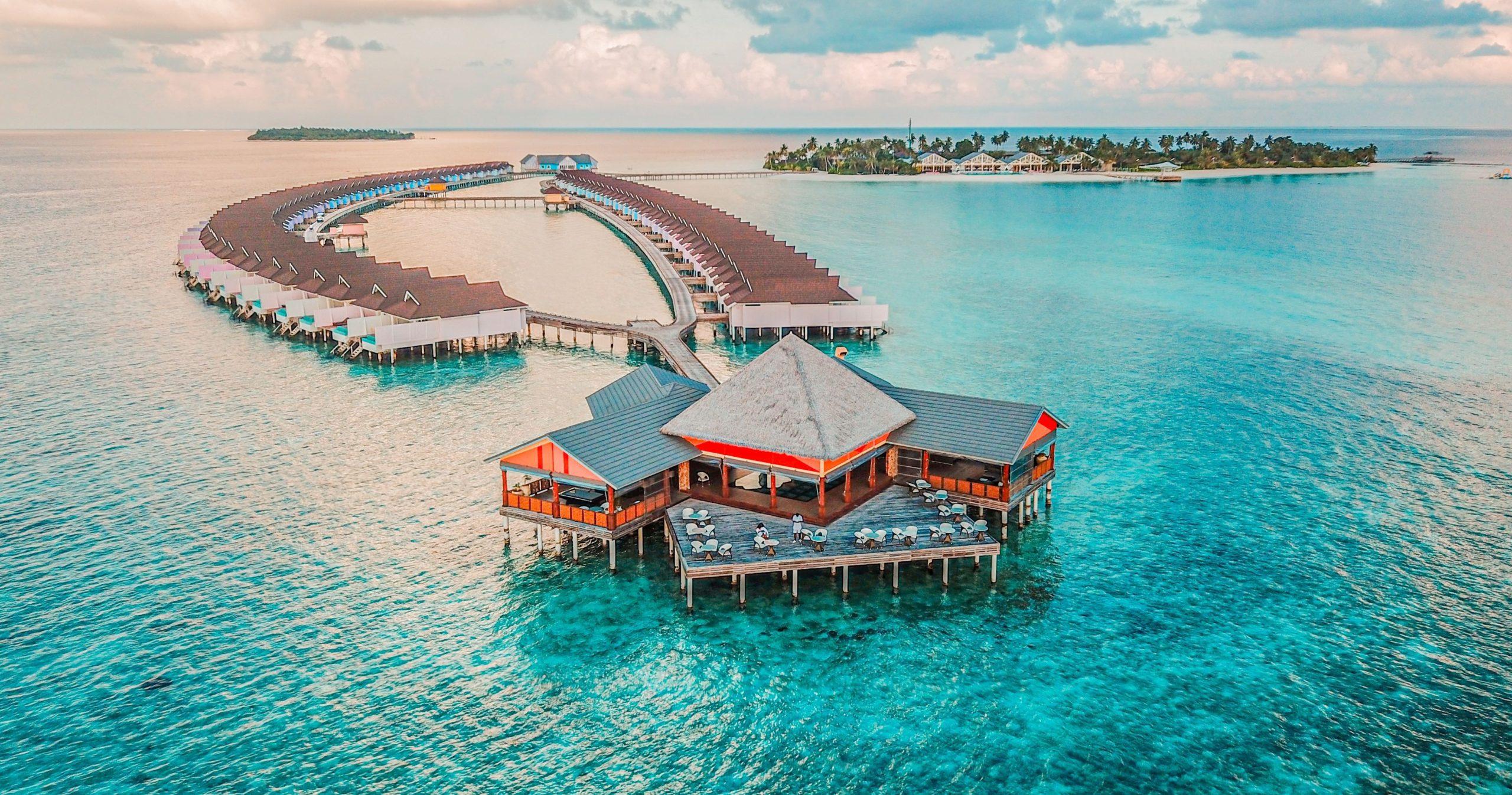 Aerial of a resort on the water in the Maldives.