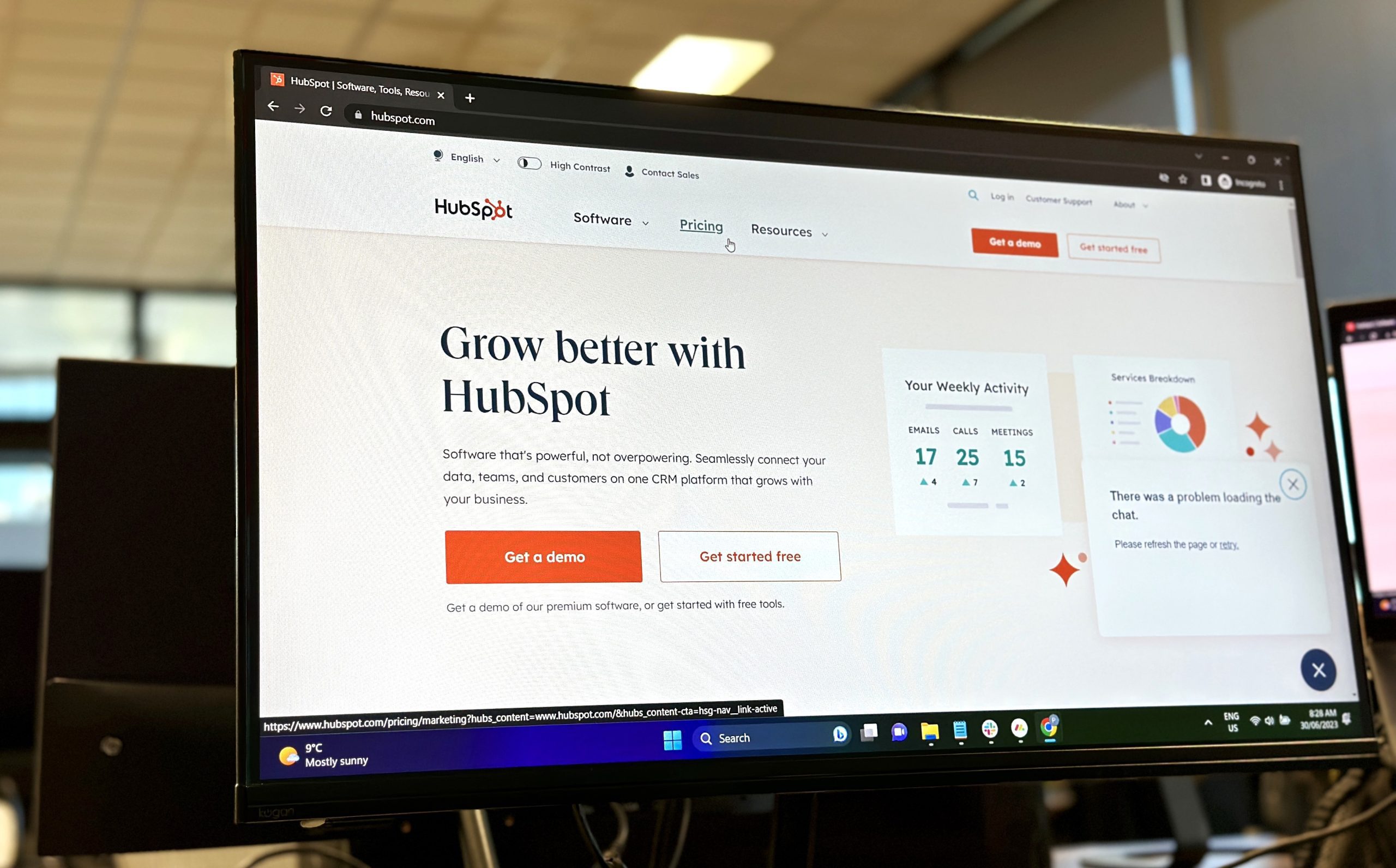 HubSpot homepage displayed on a computer monitor.