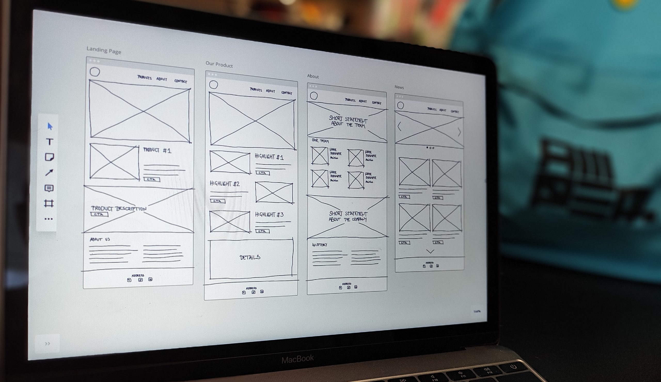 Website wireframe displayed on a laptop.