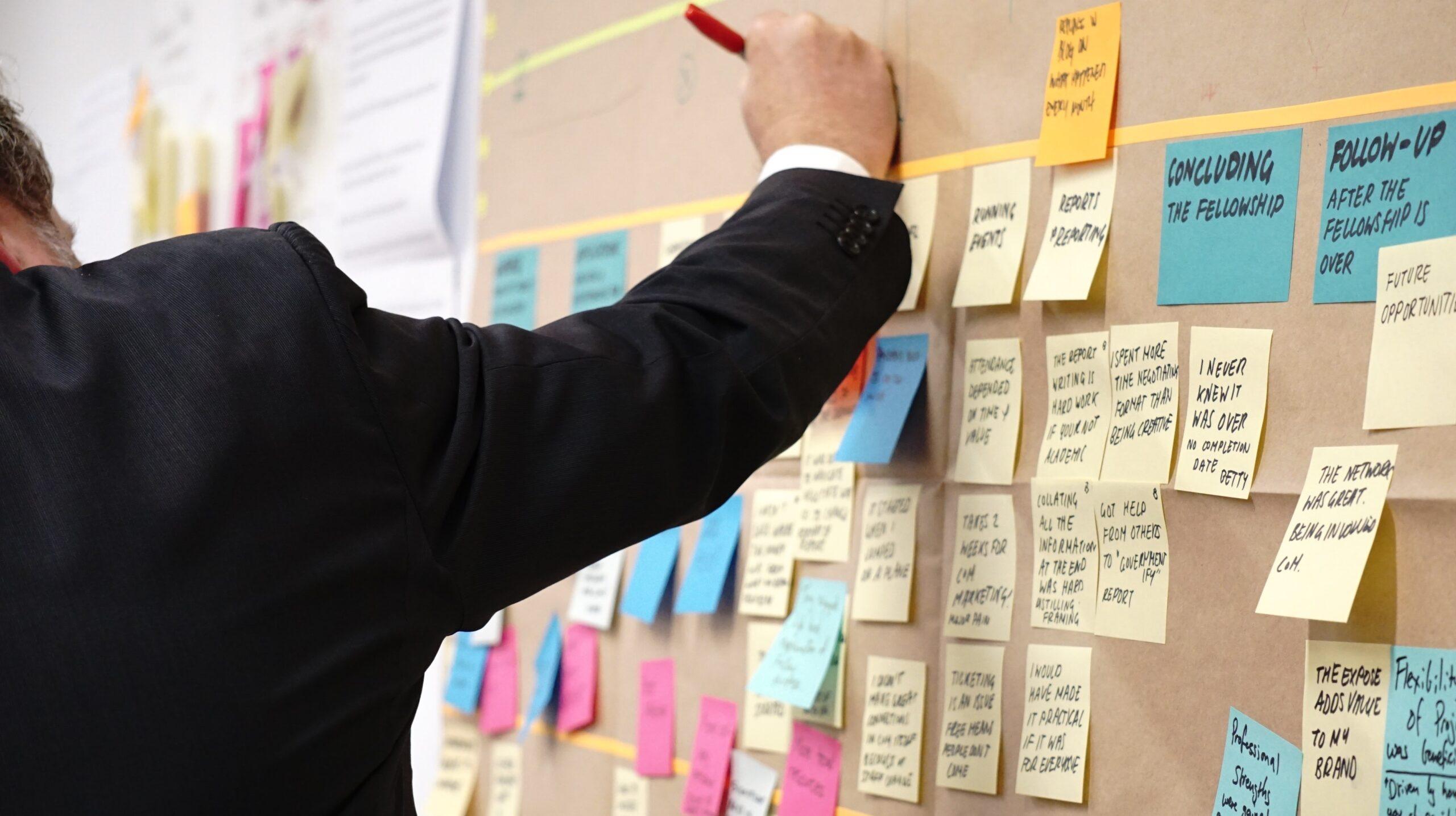 A person drawing on a board filled with post-it notes. 