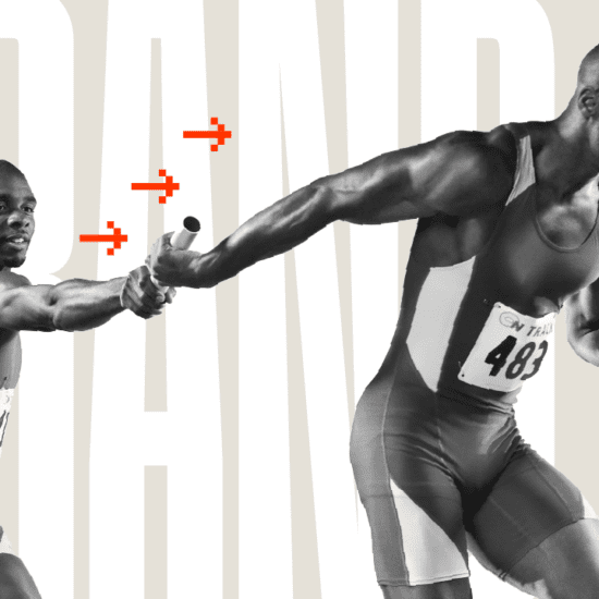 Graphic of sprinters passing a baton as part of an article about branding.