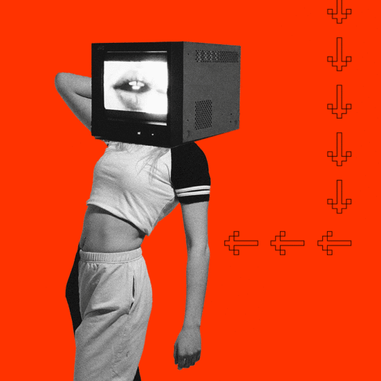 Graphic of a woman with a television as her head as part of an article about tech being sexy.