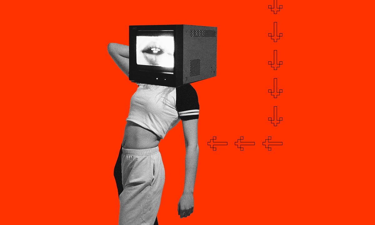 Graphic of a woman with a television as her head as part of an article about tech being sexy.