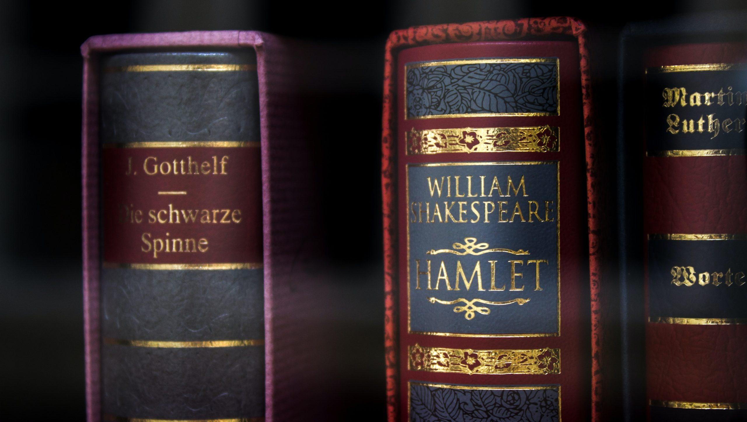 Copy of Hamlet among other old books on a shelf.