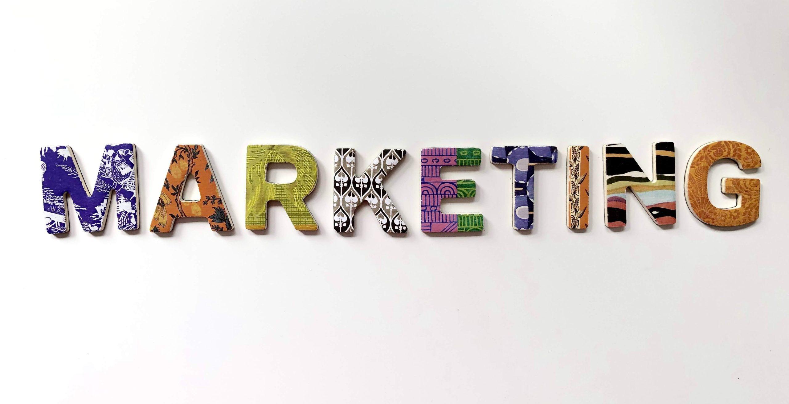 Colourful letters spelling the word 'marketing'.