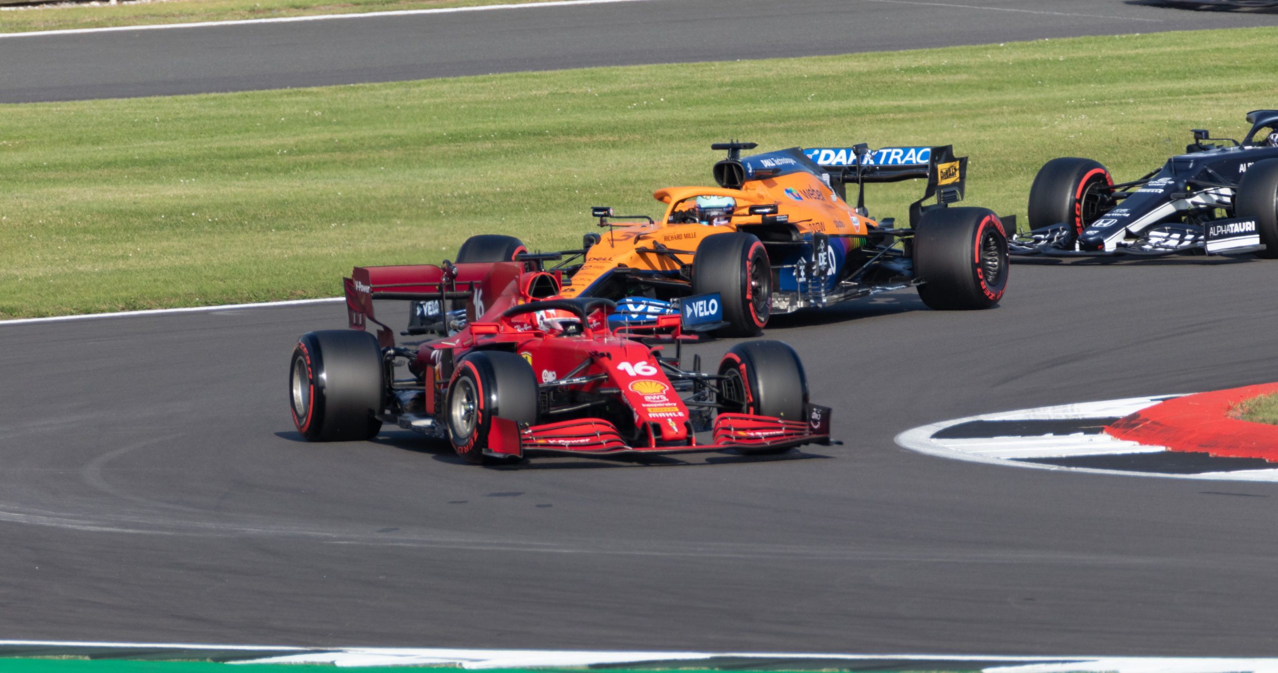 Ferrari Formula 1 car racing during the 2021 British Grand Prix.