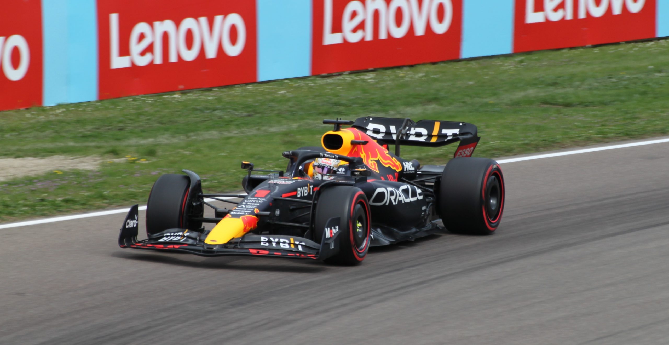 Max Verstappen on track in his Red Bull Formula 1 racing car.