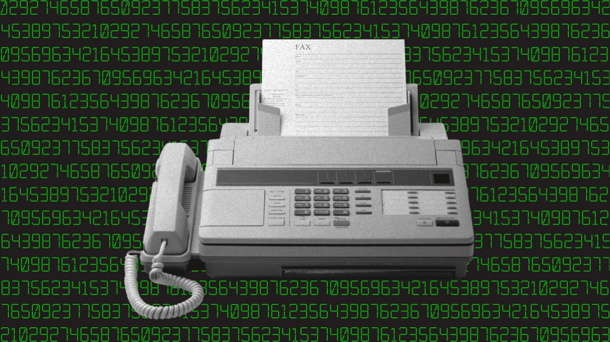 A graphic of a fax machine that is a profound example on a list of obsolete technology.