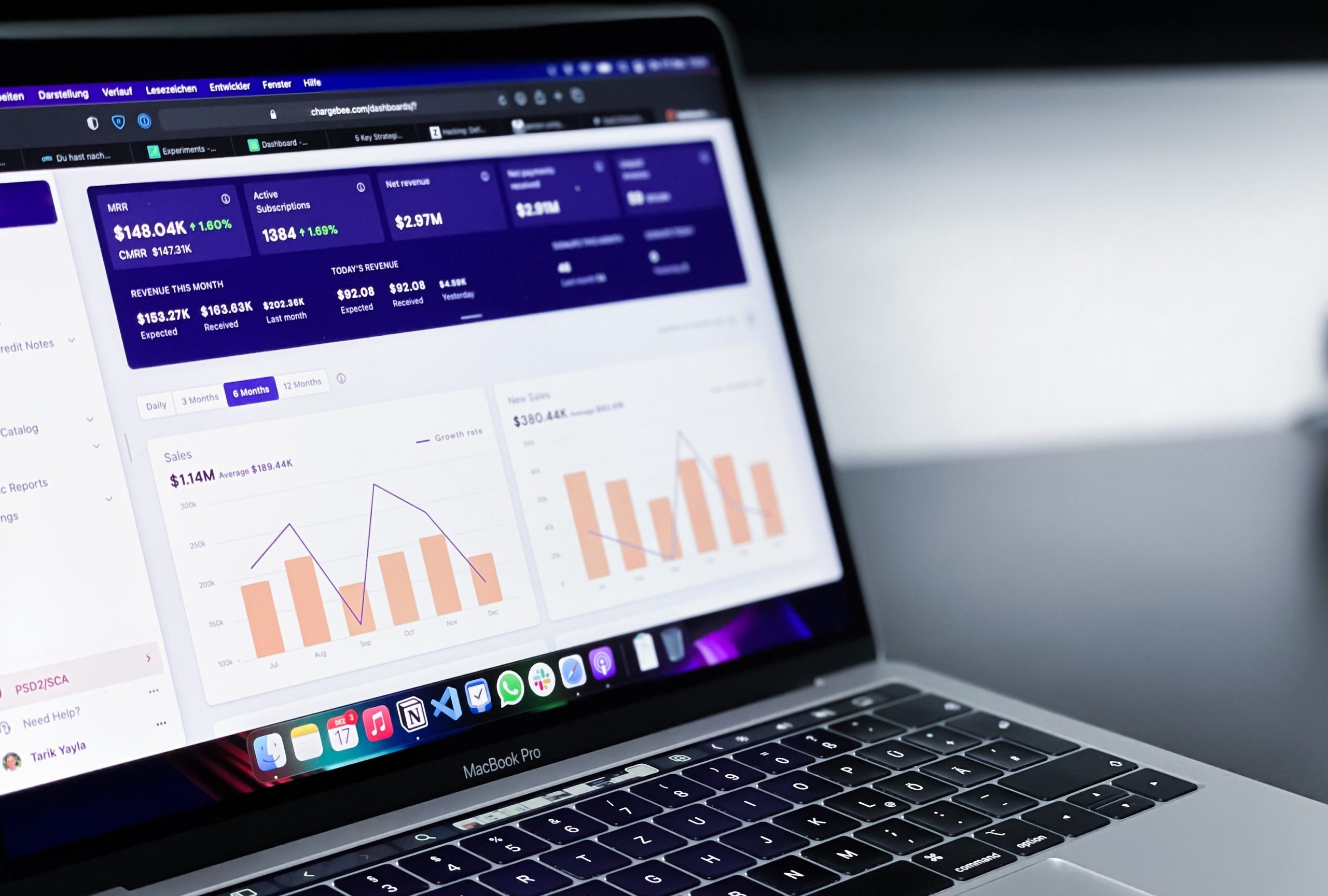 Laptop computer with a page showing data and analytics.