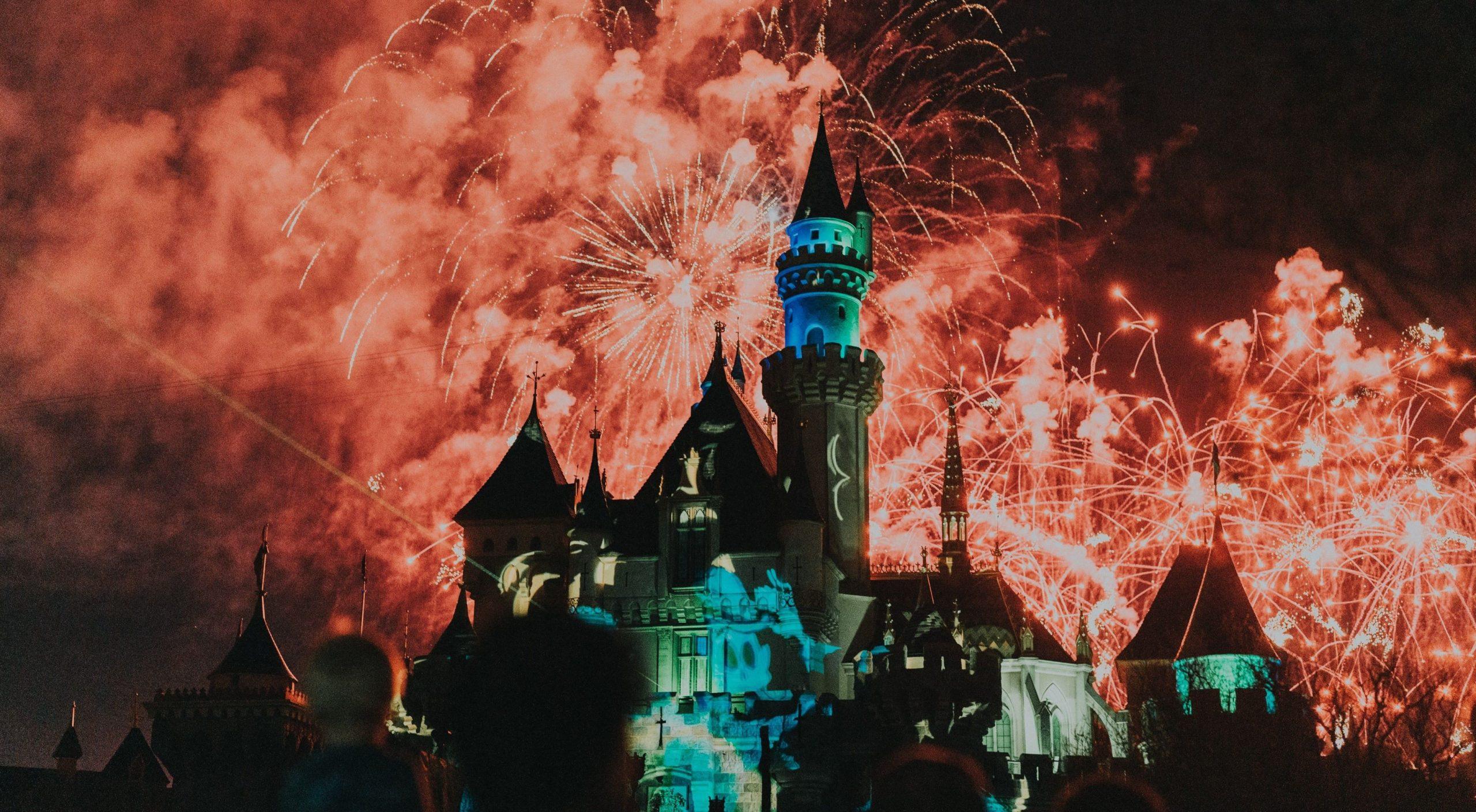 Fireworks display over castle at Disneyland Resort in Anaheim.