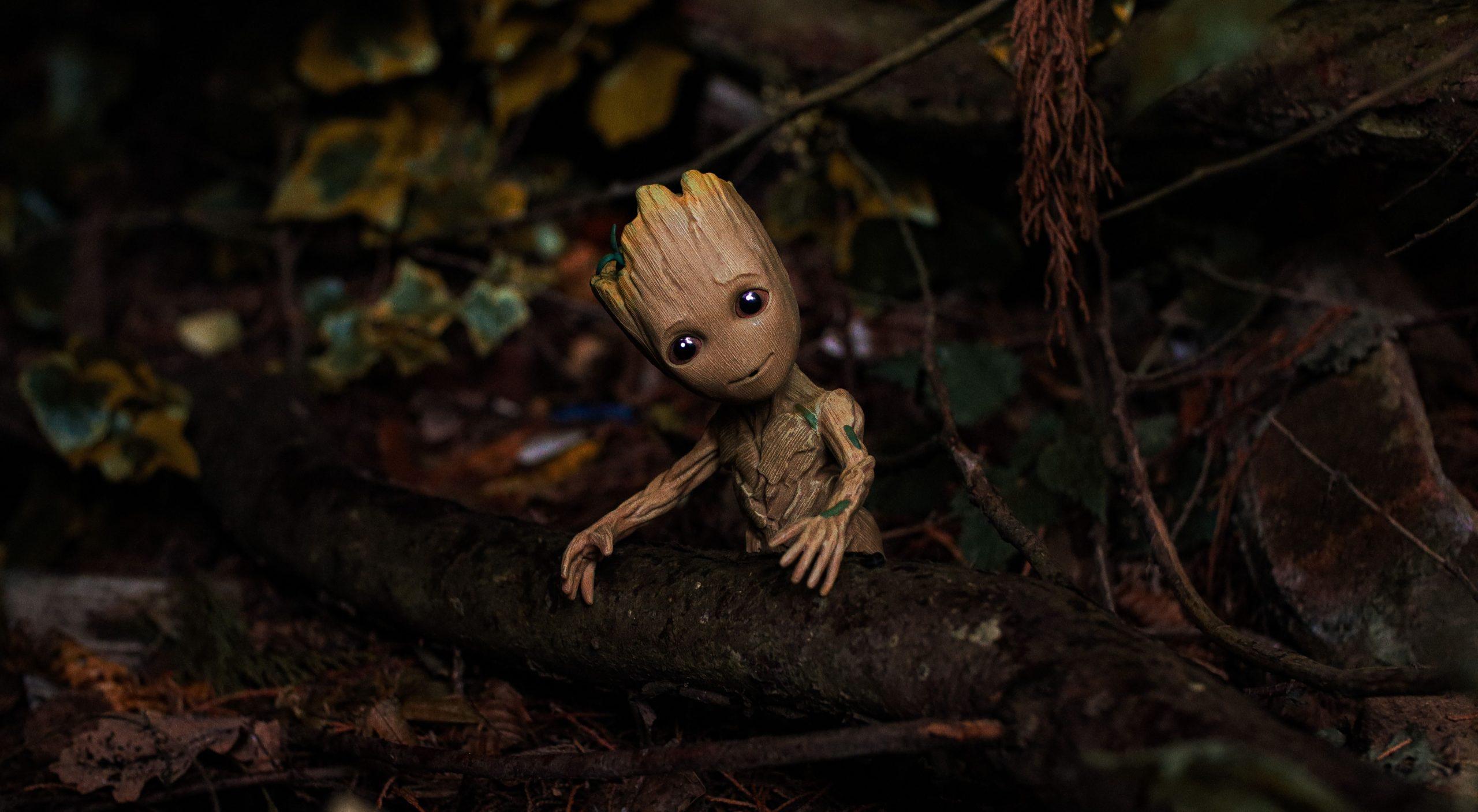 Groot figurine in woods-like setting.