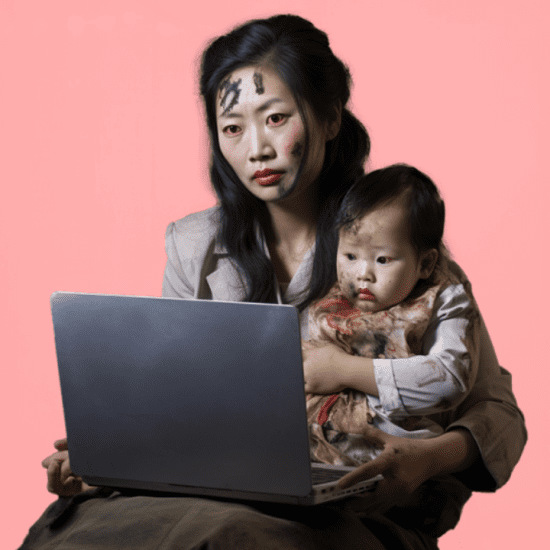 Graphic of an ill mother holding her child and a laptop as part of an article about mums returning to work.