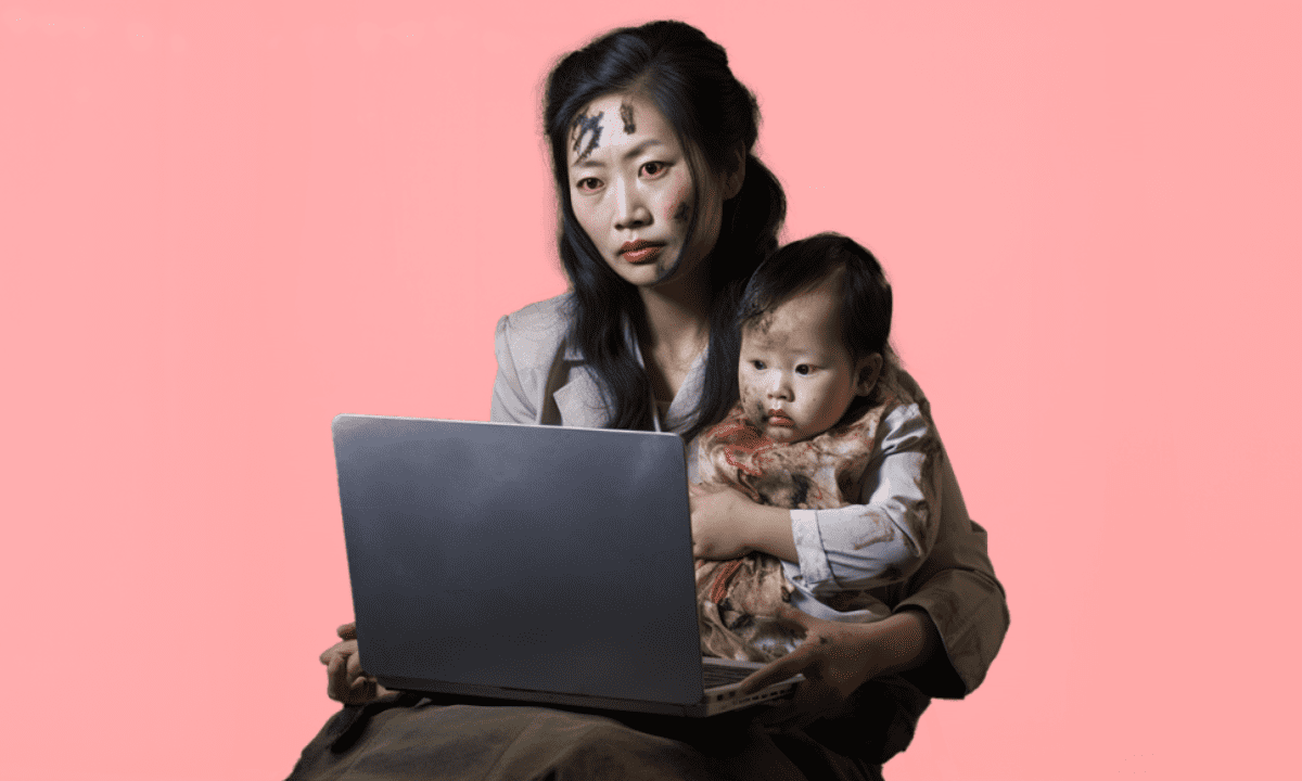 Graphic of an ill mother holding her child and a laptop as part of an article about mums returning to work.