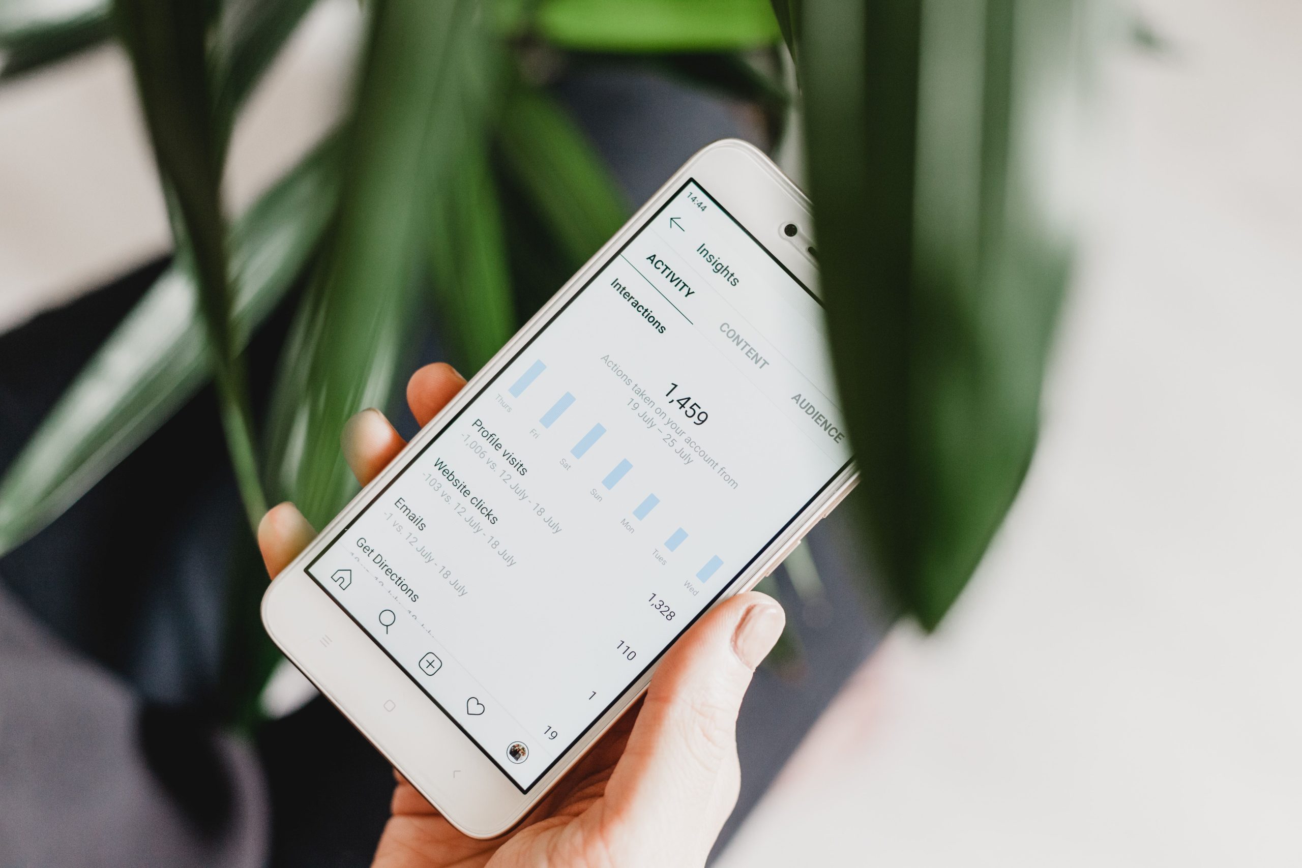 Person holding a mobile phone displaying analytics.