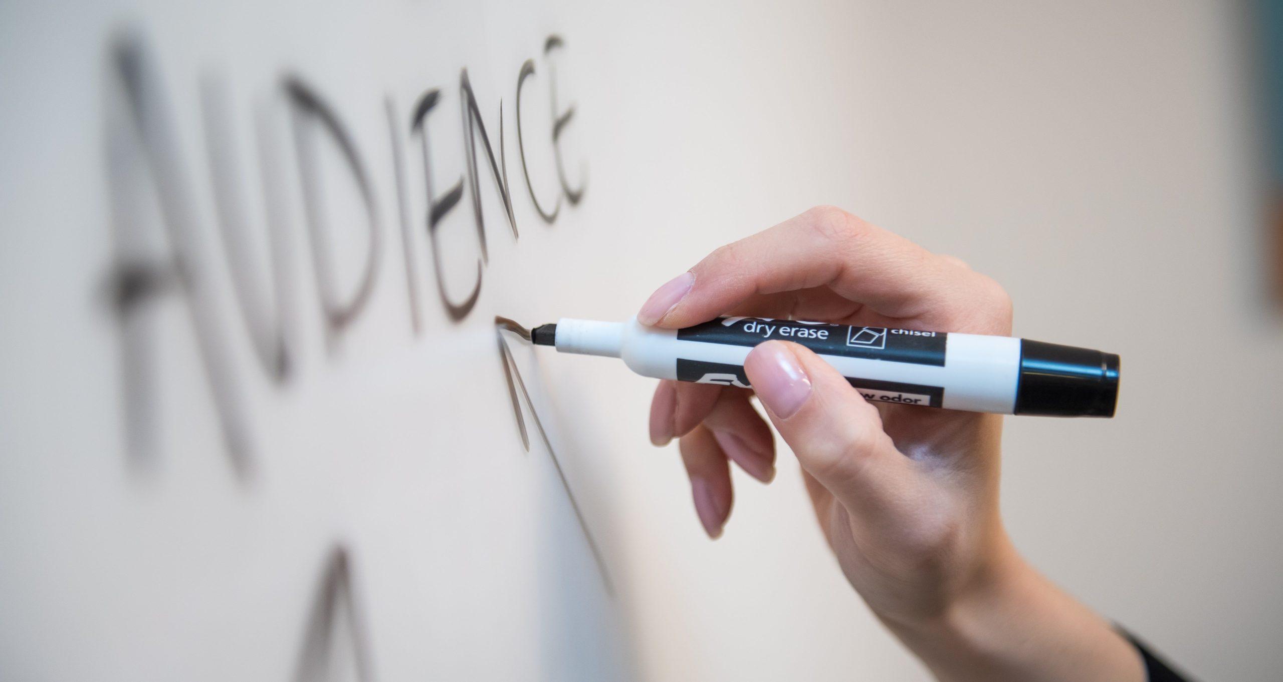 Person drawing an arrow on a whiteboard pointing to the word 'Audience'.