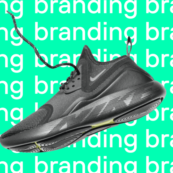 Graphic of a black Nike shoe behind the repeated word 'branding'.
