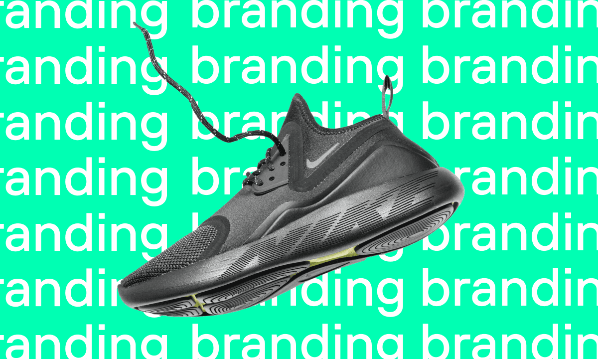 Graphic of a black Nike shoe behind the repeated word 'branding'.