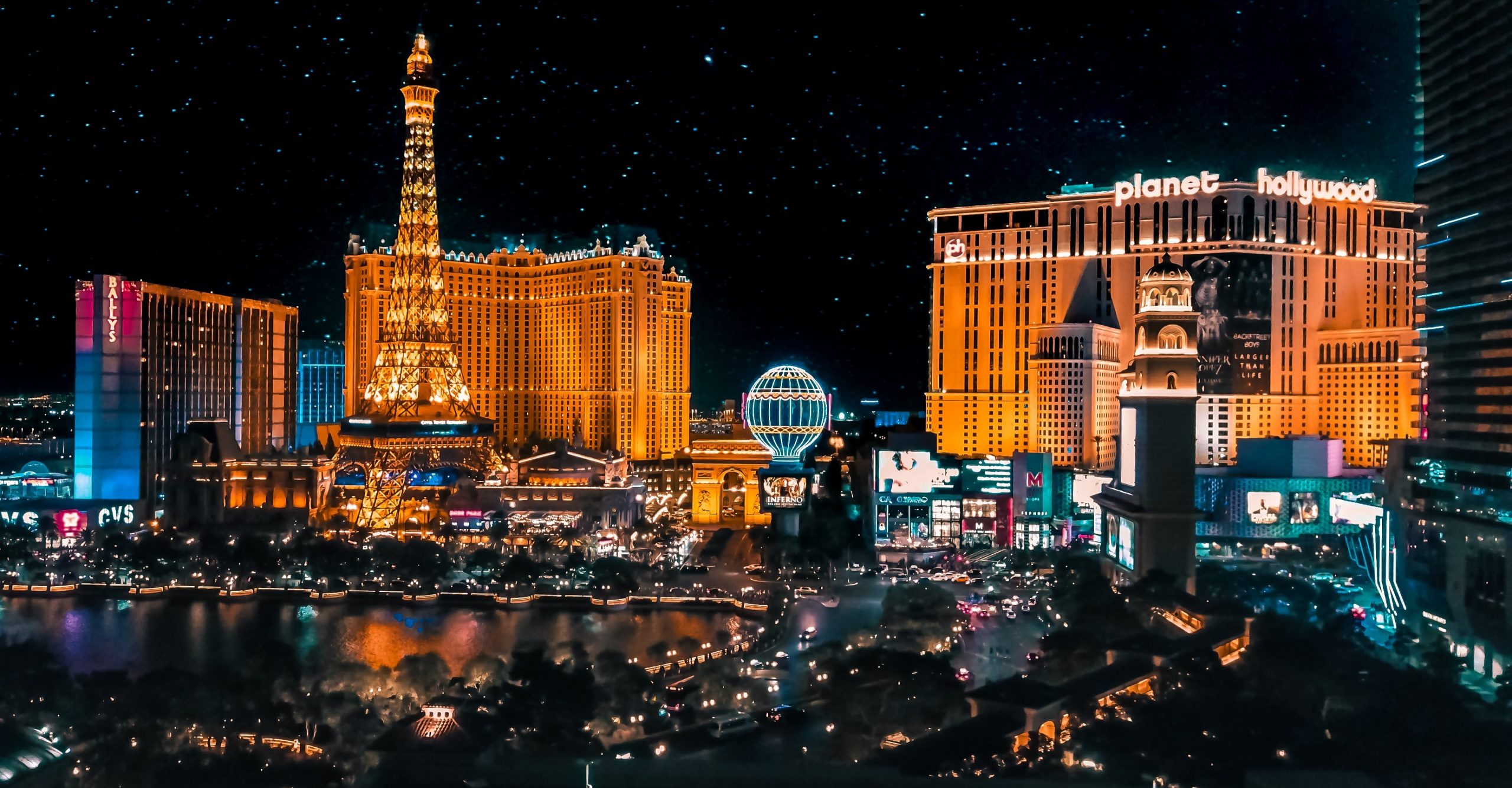Las Vegas strip lit up at night.