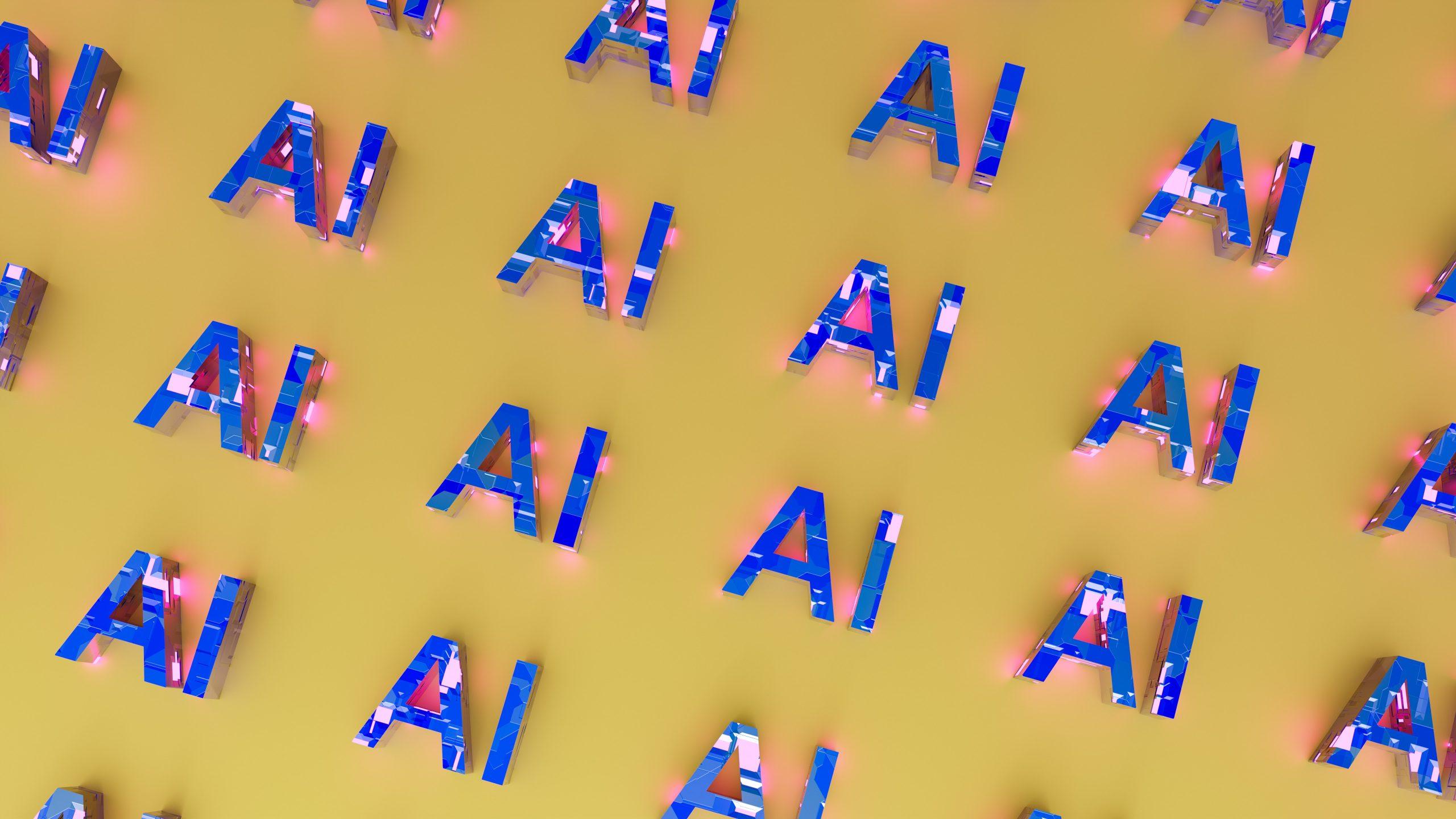 Graphic repeating the word 'AI' in blue letters against a yellow backdrop.