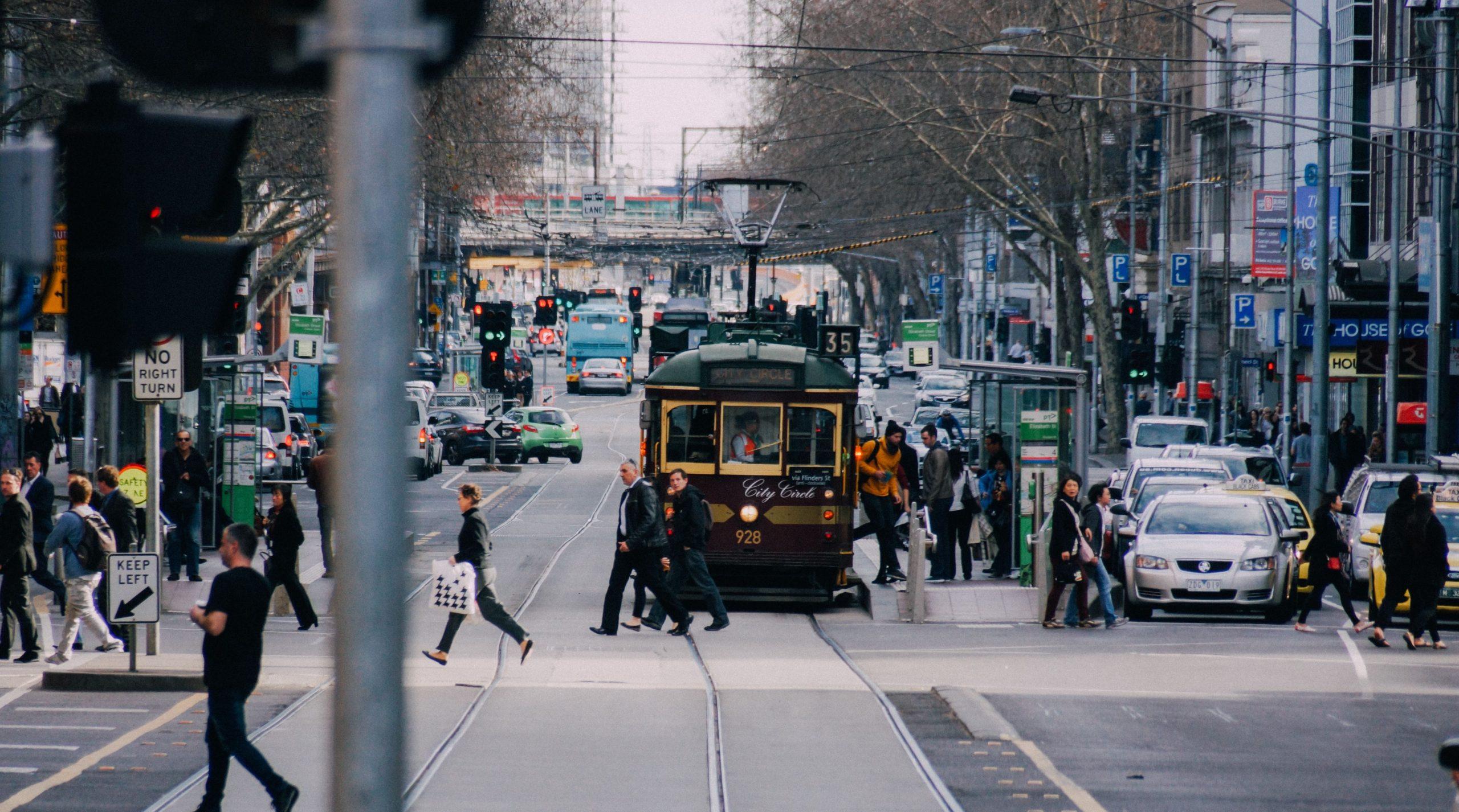 Busy Melbourne street featuring a City Circle tram.