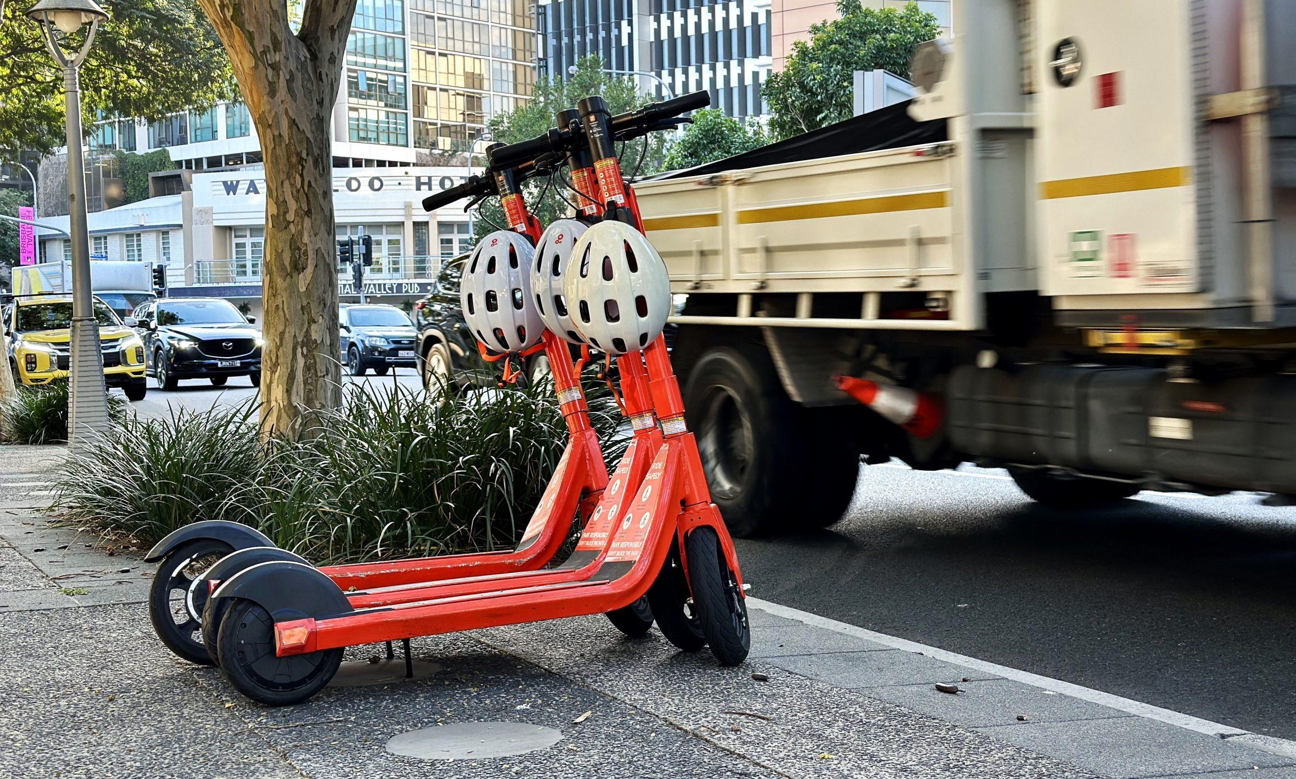 E-scooters in Brisbane as part of an article about e-scooter tech.