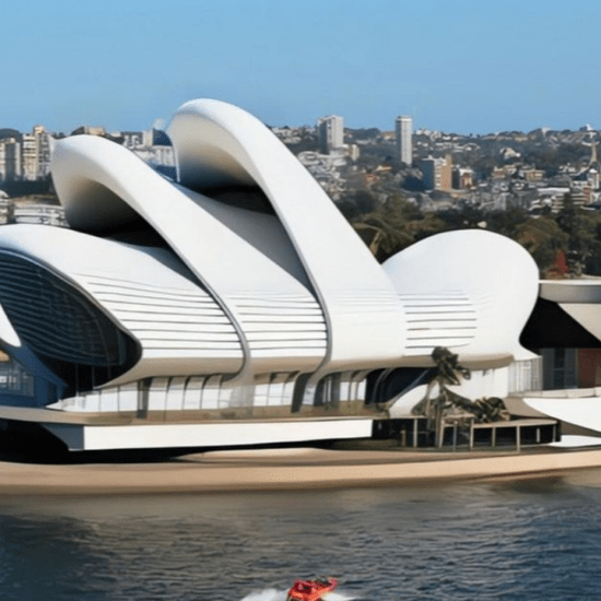 The Sydney Opera House reimagined as an Oscar Niemeyer design as part of an article about AI-created Sydney Opera House redesigns.