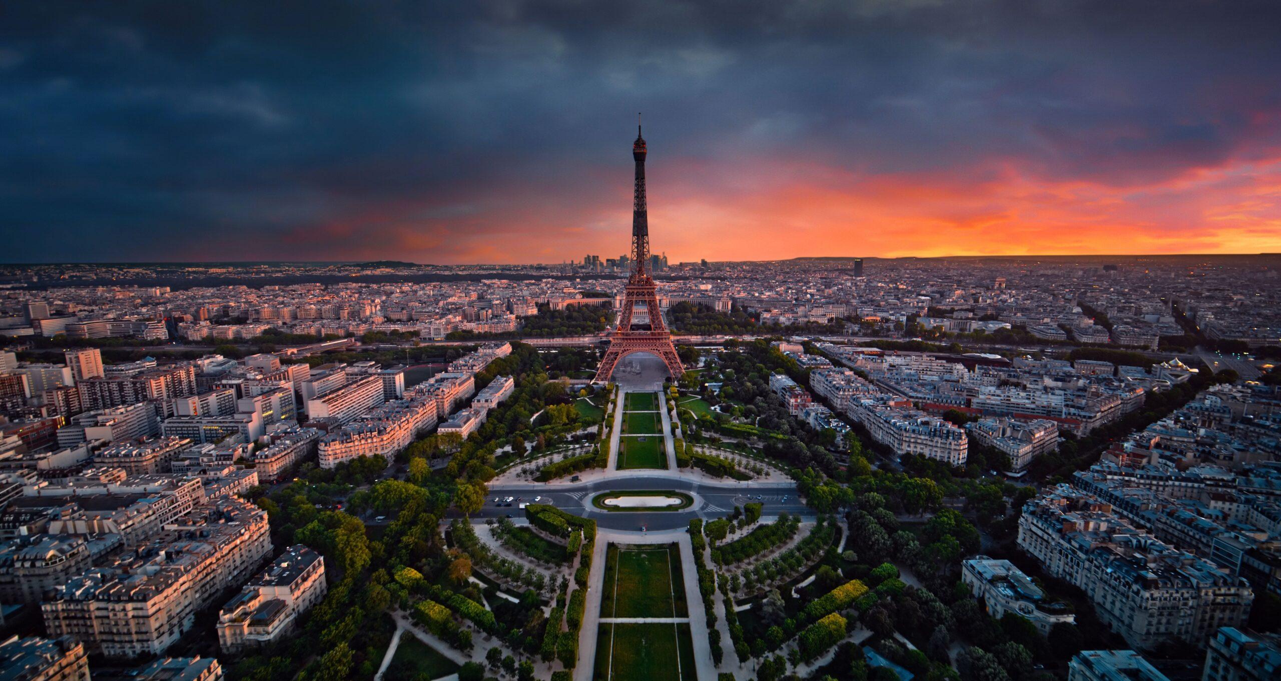 Paris' skyline captured at sunset.