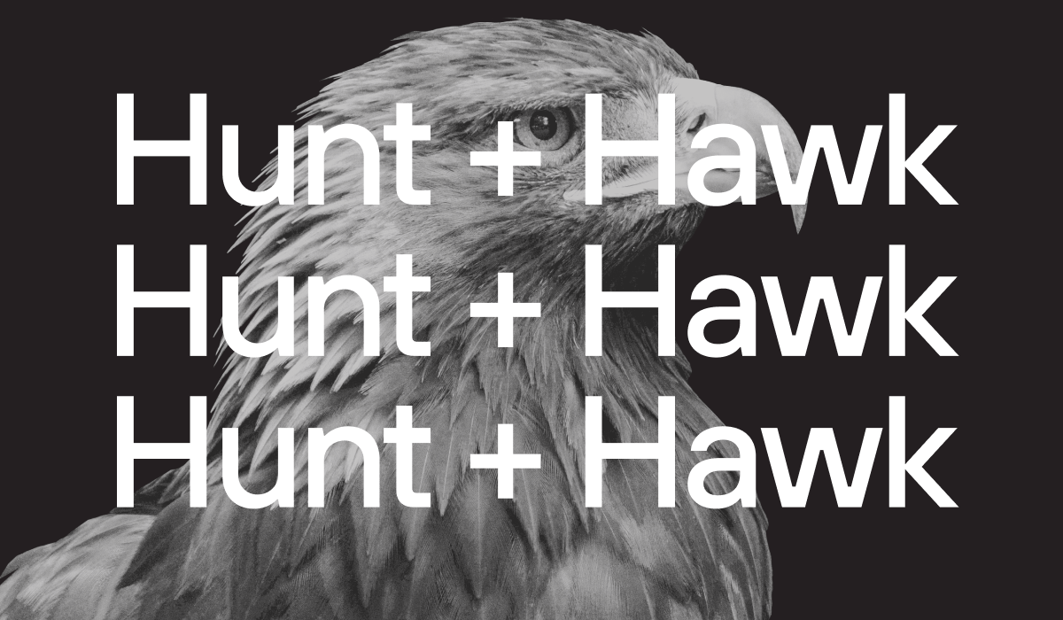 Image of a hawk with the wording Hunt + Hawk.