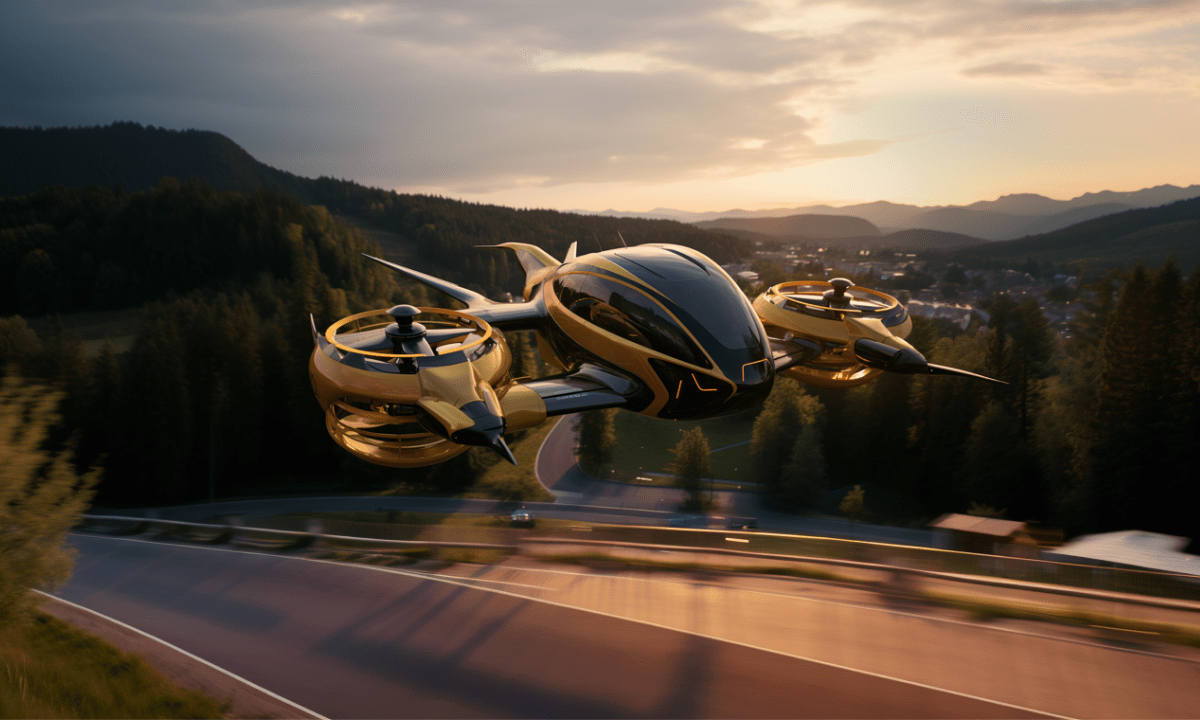 A flying taxi as part of an article about 'eVTOL First to Market'.