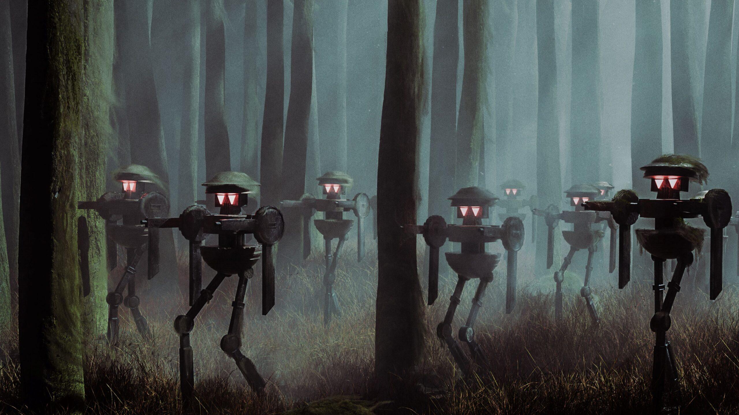 Group of robots with illuminated eyes pictured in a forest at night.