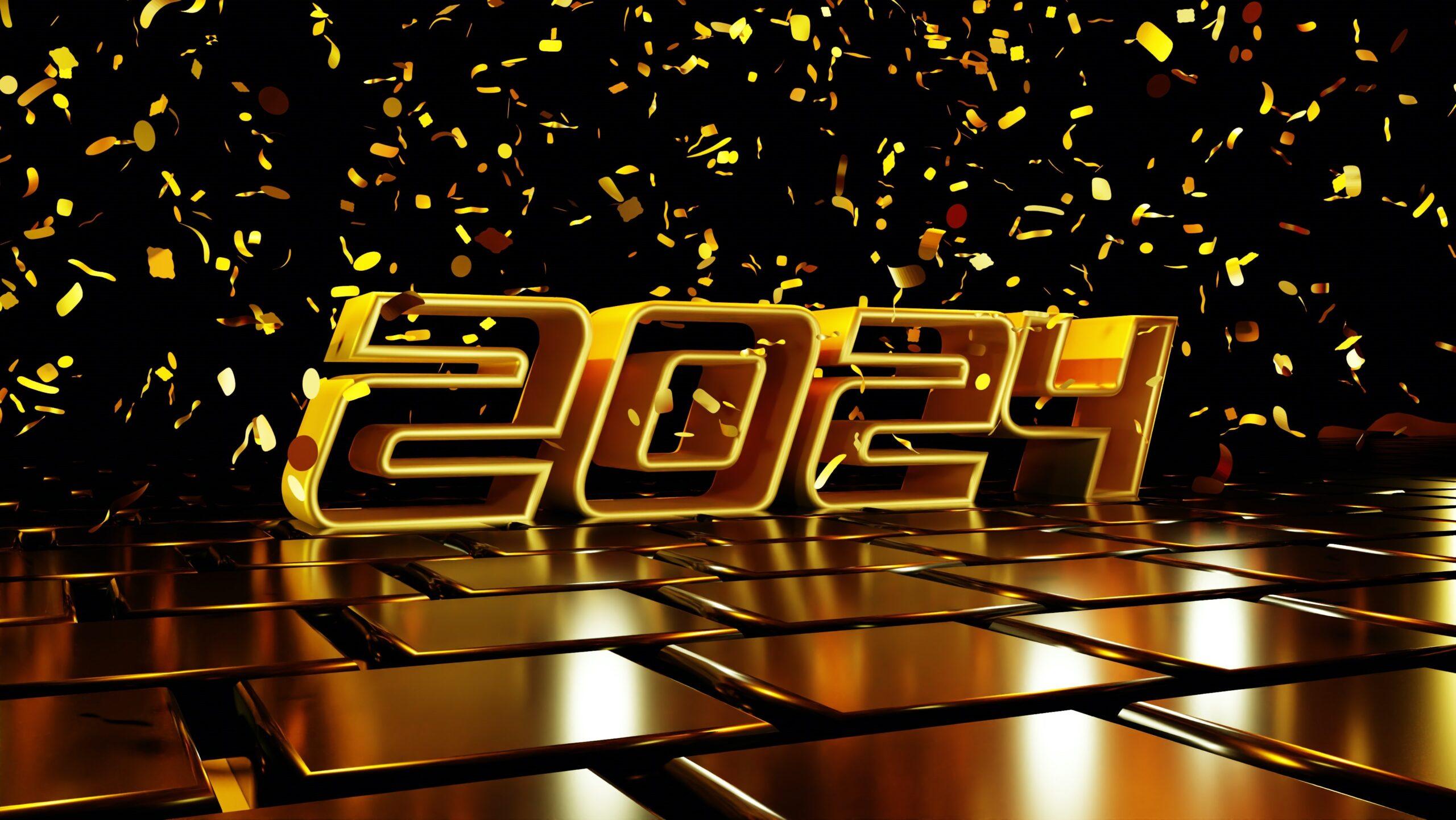 The number '2024' written in yellow against a confetti-like background.