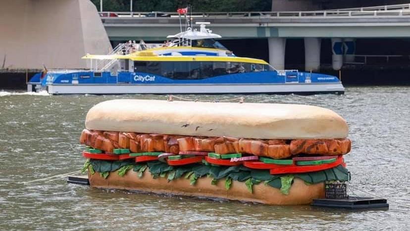 A giant Subway sandwich float pictured on the Brisbane River in Brisbane, Queensland, Australia.