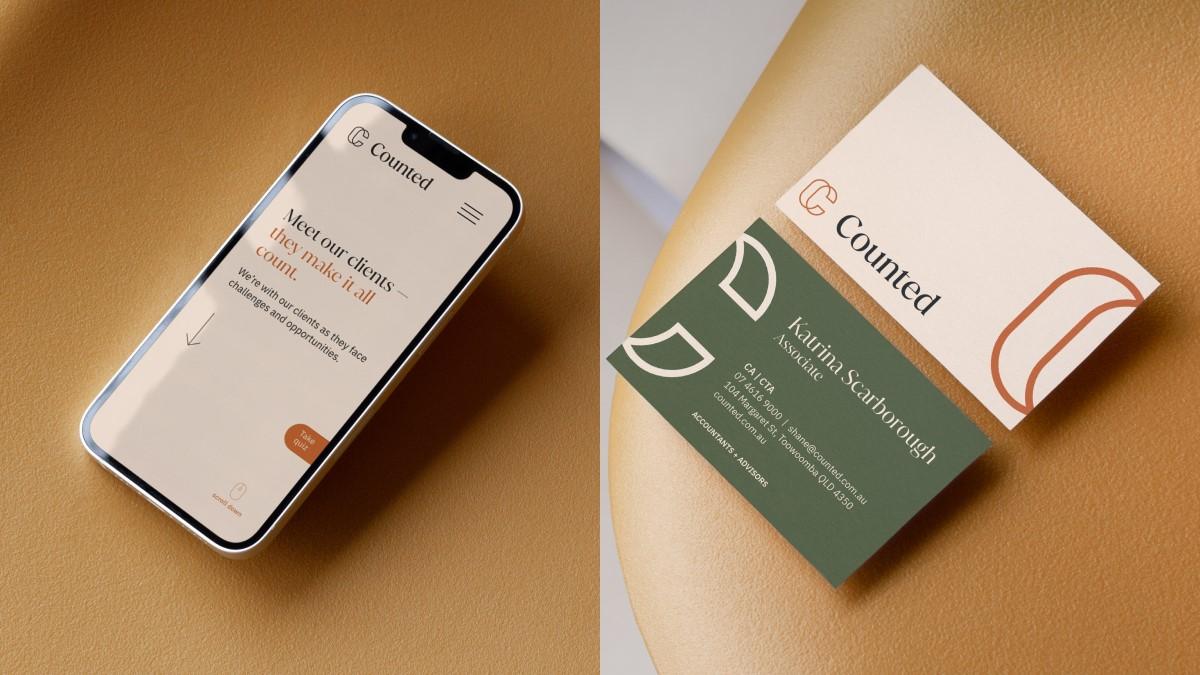 A smartphone displaying the Counted website next to another image of two Counted business cards.