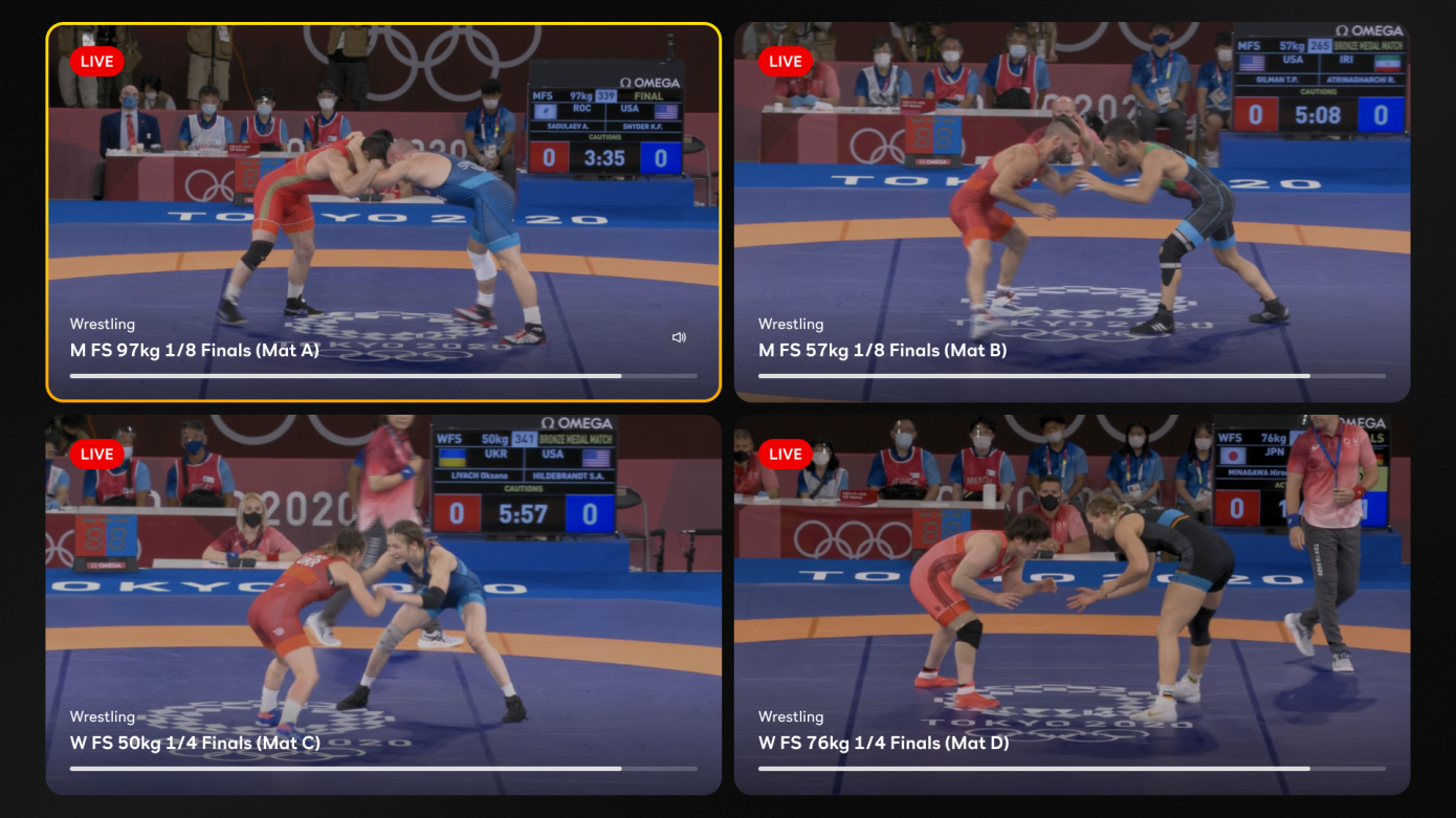 Screenshot of judo events demonstrating how the Peacock traditional multiview feature would look on a screen.