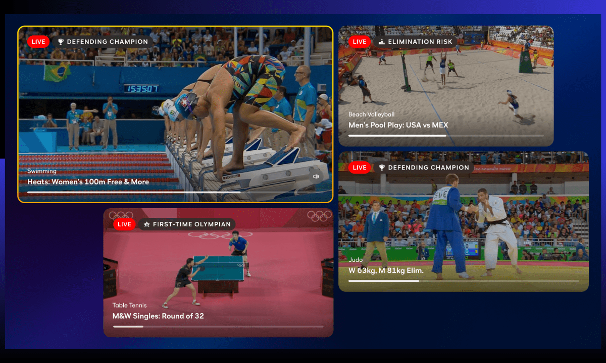 Screenshots showing how Peacock’s 2024 Paris Olympics streaming tech would look on a screen.