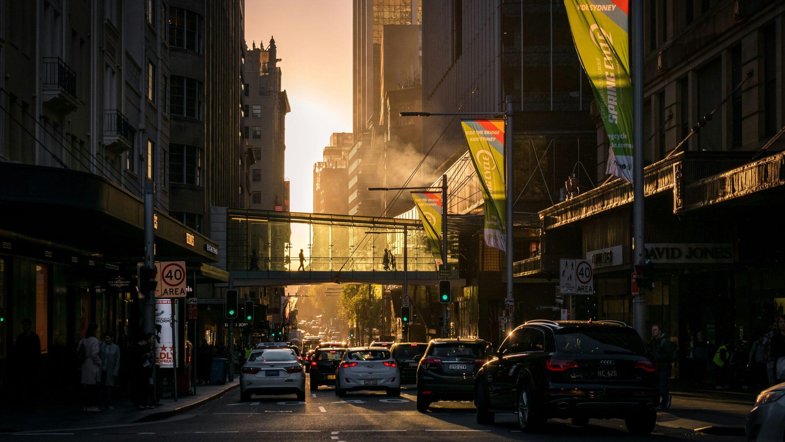 Traffic banked up at twilight in a street in Sydney, Australia.