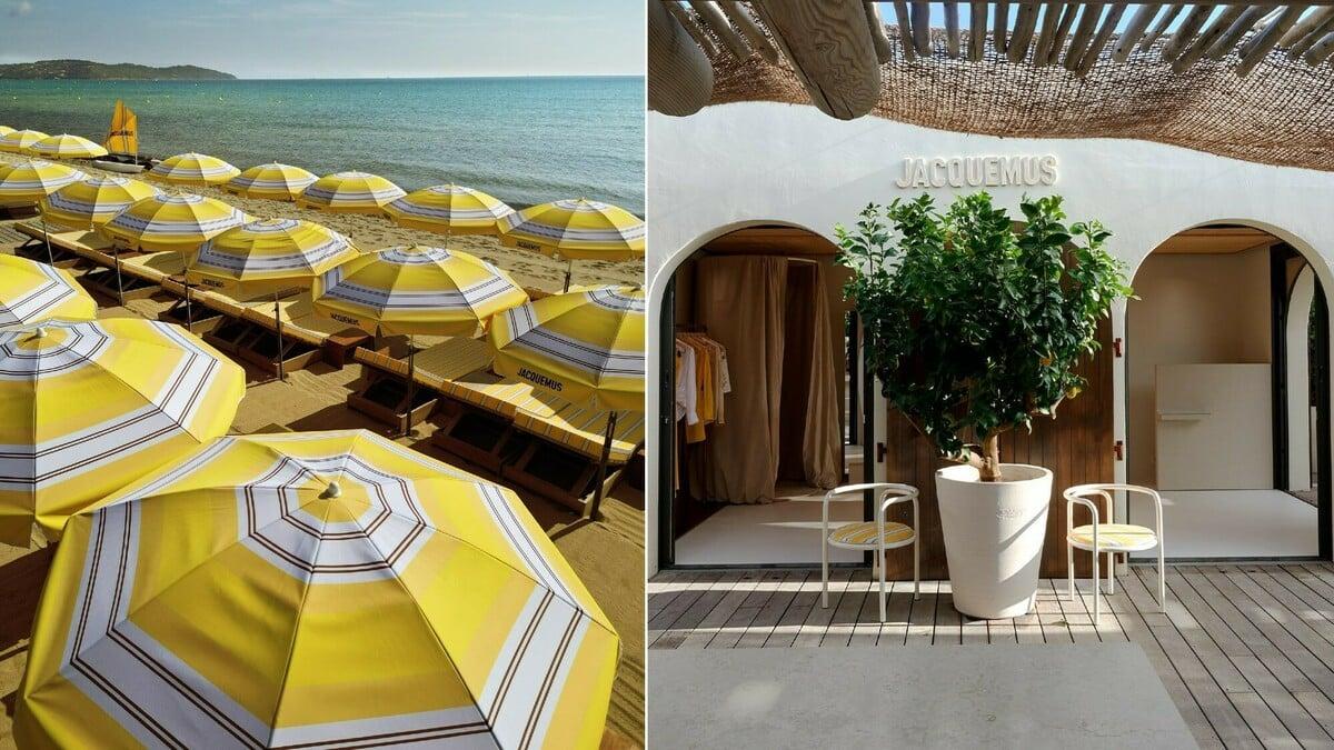 Rows of yellow umbrellas lined on the sand as part of the Jacquemus-branded beach at Saint-Tropez.