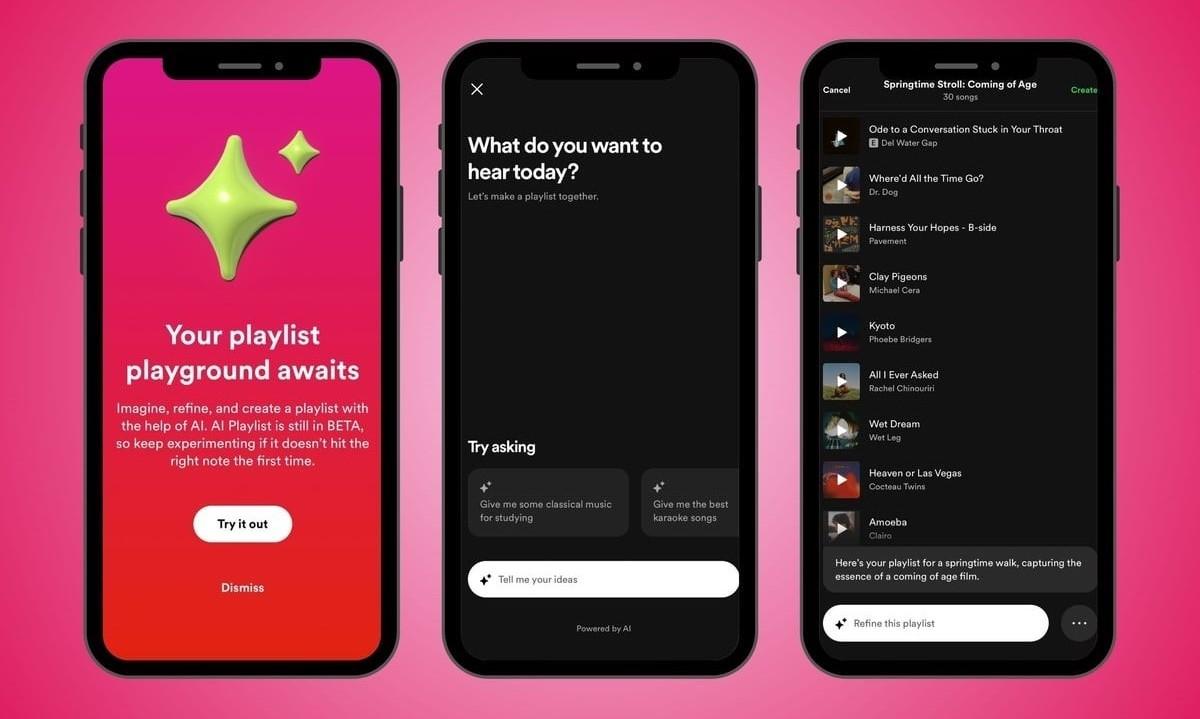 Graphic containing three images of smartphones demonstrating how to use Spotify Playlist.