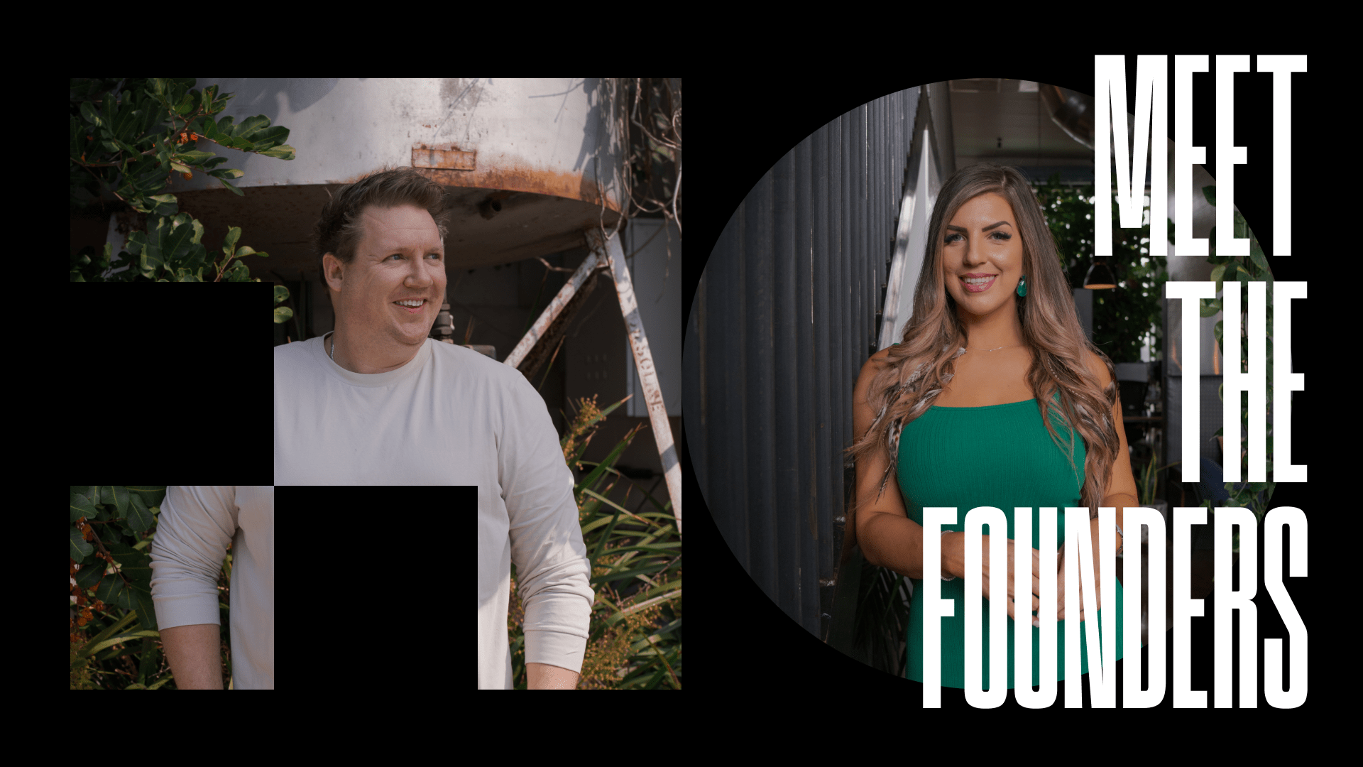 Graphic featuring individual images of Hunt & Hawk co-founders Ryan Devlin and Sonya Vanjicki along with the words 'Meet the Founders' written in bold, white text.